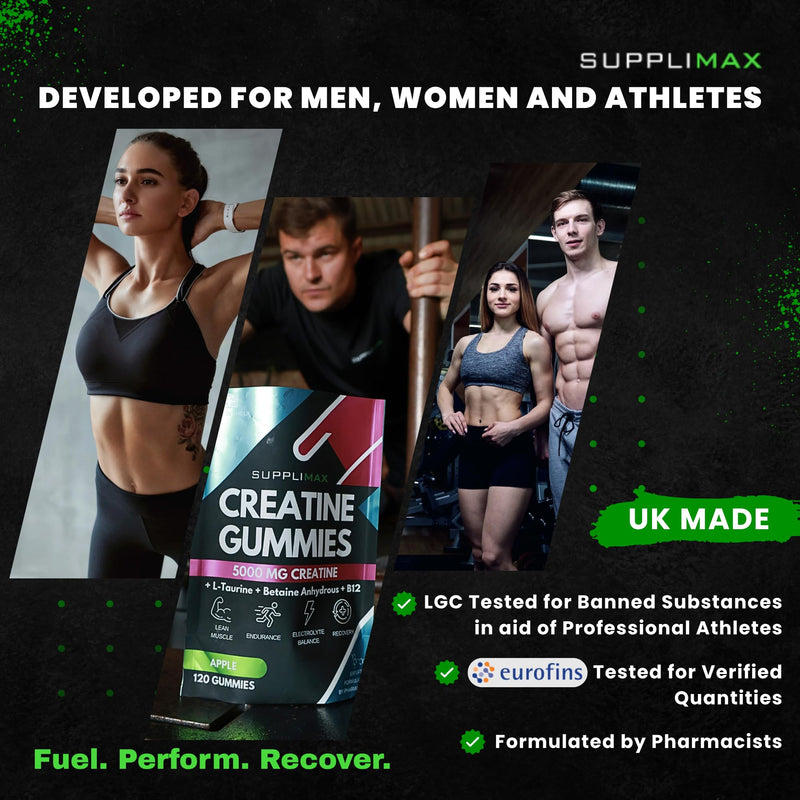 Creatine Gummies 5000mg – UK Made Lab Tested Creatine Monohydrate Gummy, L-Taurine, Betaine Anhydrous, B12 – Sugar Free Vegan - 120 Count Apple 120 count (Pack of 1)