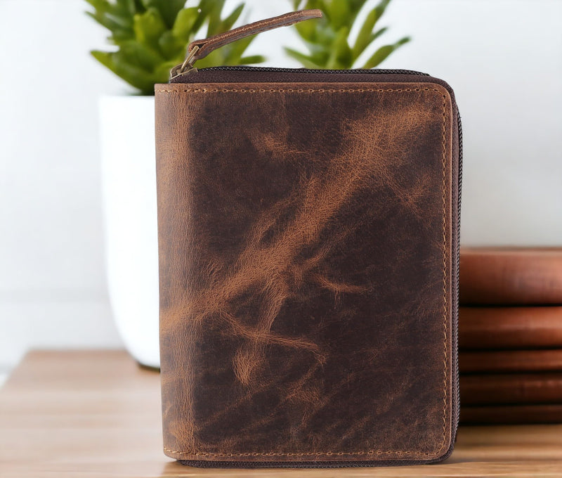 Passport Wallet - Travel Document Holder w/RFID Blocking – Full Grain Leather – Bifold compact zip around Wallet with Credit Card Slots for Women and Men,distressed brown,500-30 distressed brown Solid