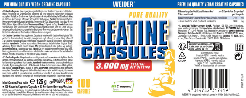 Weider Pure Ideal Quality Creatine Monohydrate Capsules, Buidling and Repair Muscle, 100 capsules 100 count (Pack of 1)