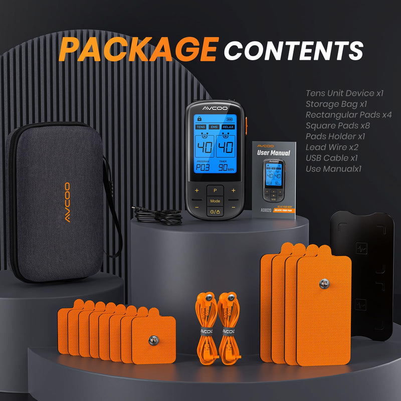 [Australia] - 3-in-1 TENS Unit with 32 Modes, Dual Channel EMS Muscle Stimulator with 40 Intensities for Gradual Pain Relief Therapy, Rechargeable Electronic Pulse Massager with 12 Electrode Pads, EVA Case 