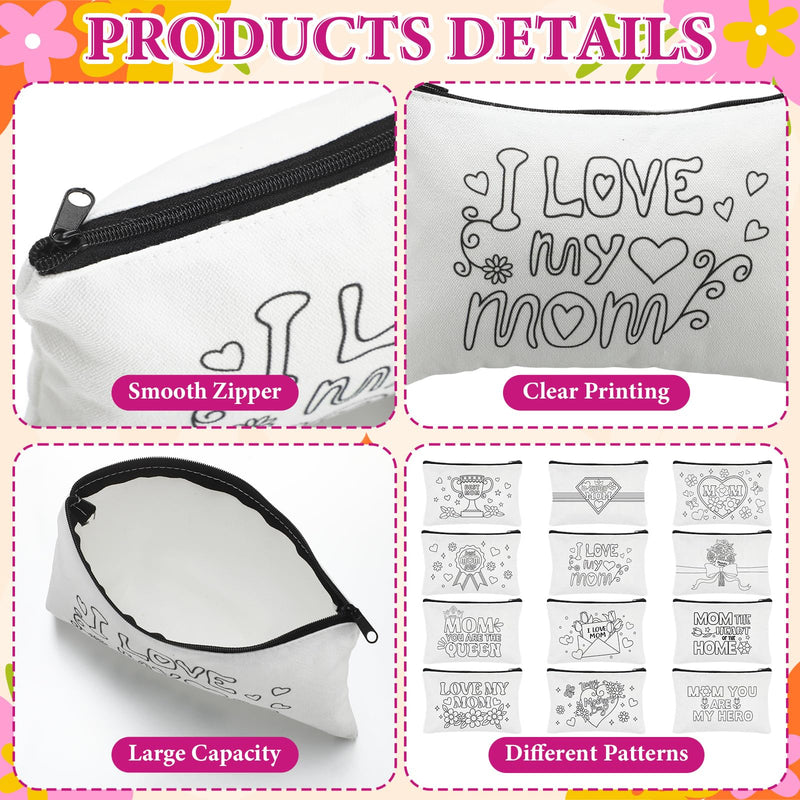 24 PCS Mother's Day Crafts Kit Women Makeup Bag Color Your Own Inspirational Quotes Canvas Cosmetic Bags DIY Make Your Own Art Project for Mom Grandma Gifts Mother's Day Travel Activities