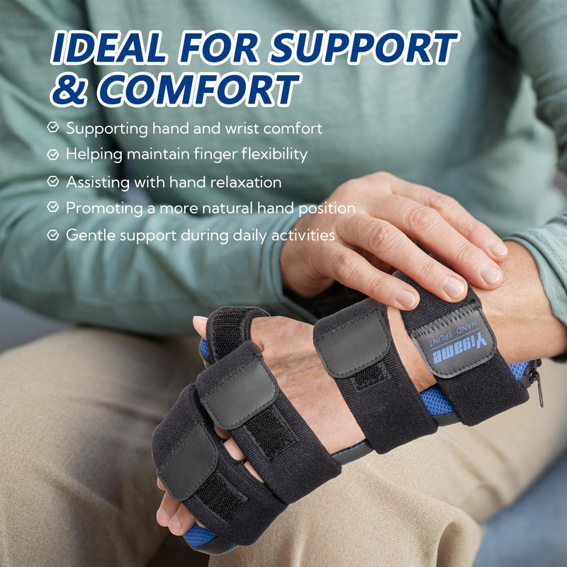 Resting Hand Splint with Finger Support for Stroke Recovery, Carpal Tunnel & Dupuytren's Contracture - Adjustable Wrist Brace for Left or Right Hand, M Blue & Black