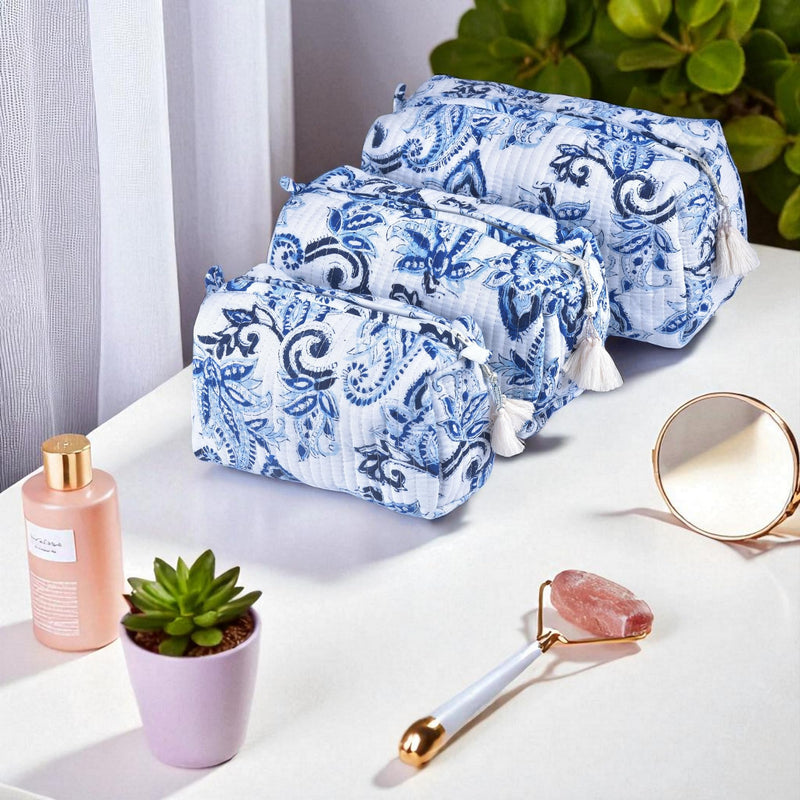 Quilted Floral Block Print Makeup Bag Set of 3 – Cotton Travel Toiletry and Makeup Organizer, Cosmetic Pouch, Toiletry Bag for Women, Cute Boho Coquette Make Up Bags for Women (Small, Medium, Large)