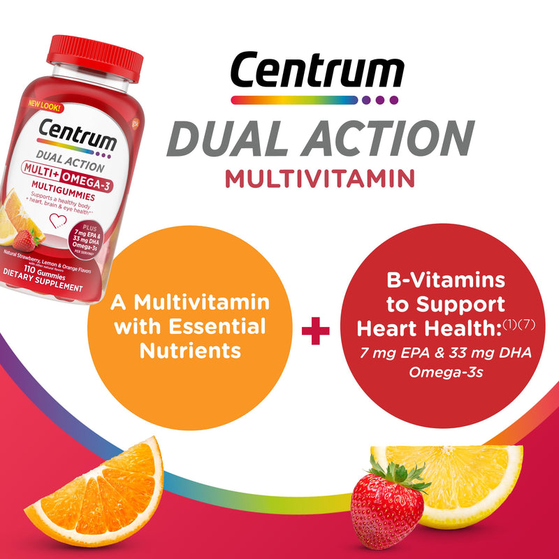 Centrum MultiGummies Multi+ Omega 3, Assorted Fruit Flavors, 110 Count | Supports Heart Health, Normal Brain Function, Eye Health, Daily Energy Needs and Normal Immune Function, GLP-1 Support New 110 Count (Pack of 1)