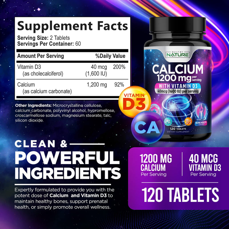 Calcium 1200mg with Vitamin D3 for Best Absorption - Advanced Bone Support Supplement, 1200 mg Calcium Carbonate & 1600 IU Vitamin D3, Slow Release for Immune Support, Easy to Swallow, 120 Tablets 120 Count (Pack of 1)