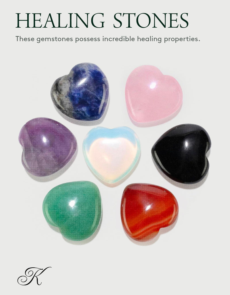 KALIFANO 7 Gemstone Heart Carvings Bundle - High Energy Reiki Crystals (Amethyst, Aventurine, Carnelian, Obsidian, Opalite, Rose Quartz, Sodalite) with Healing Properties