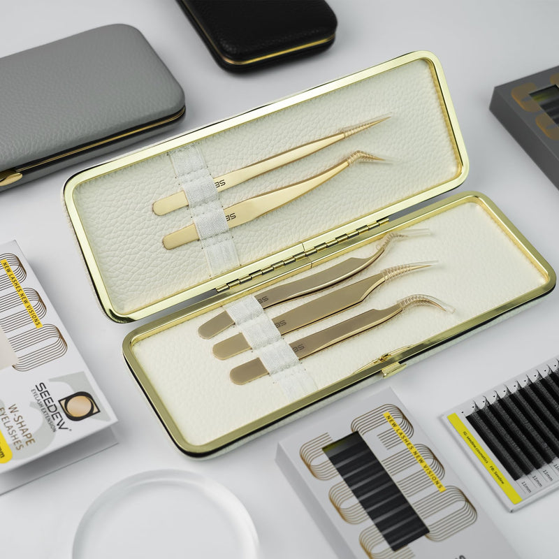 Tweezers Box Set, 5 PCS Isolation Pointy Precision Professional Stainless Tweezers with a PU Storage Case, Organizer Kit for Eyelash Extension, Beginner Lash Tech, Crafts Repair(White, Golden) Tweezers Bag Set-2 White+gold