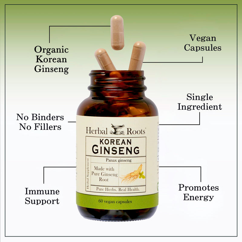 [Australia] - Herbal Roots Panax Ginseng | Organic Korean Ginseng Root Powder | 1000mg | High Ginsenosides for Energy & Performance | 60 Vegan Capsules 