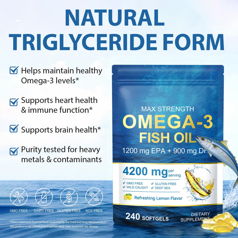 Omega 3 Fish Oil Supplements, 4200mg Fish Oil with EPA & DHA, Enteric Coated Softgels, Lemon Flavor, Daily Omega-3 Fatty Acids Supplement for Nutritional Support & Overall Wellness – 240 Softgels