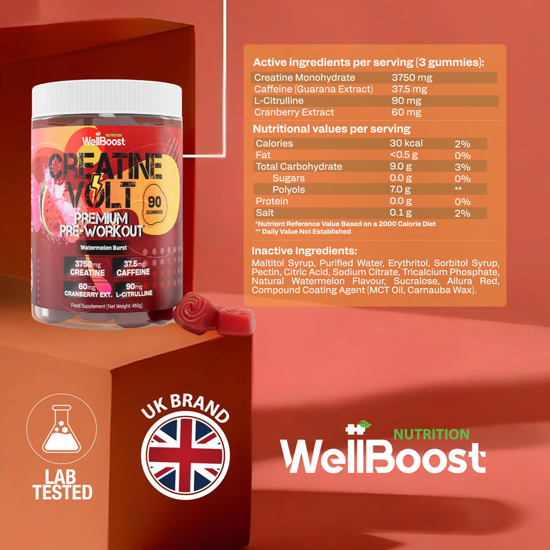 WellBoost Creatine Volt 90 Gummies – Creatine, Caffeine, L-Citrulline, Cranberry Extract, Watermelon Extract – Vegan, Sugar-Free, Watermelon Flavour – Energy, Endurance, Lean Muscle – 1 Month Supply