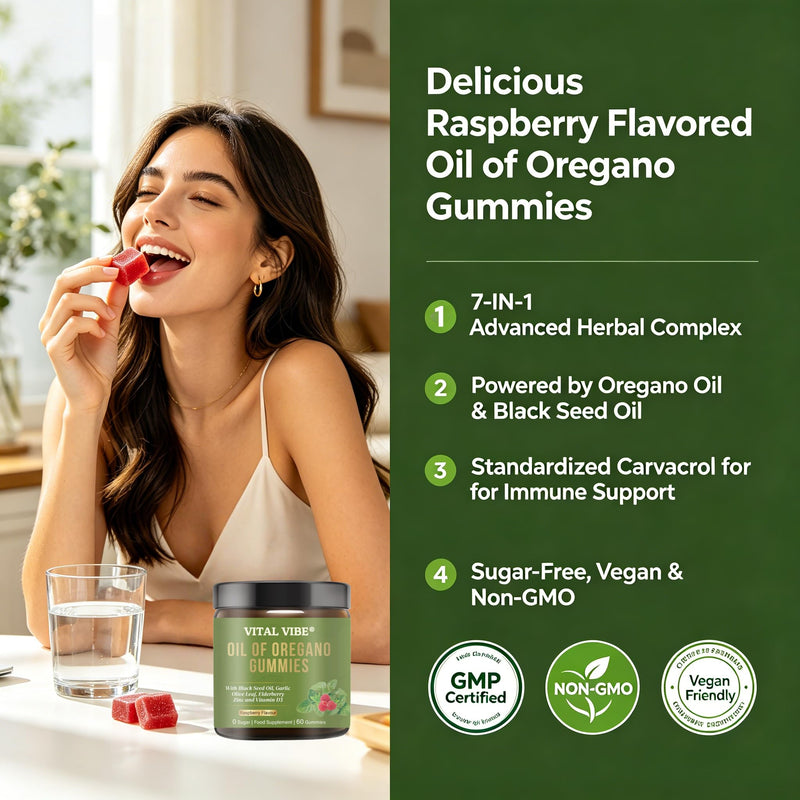 Herb Oregano Oil with Black Seed Oil Gummies | 6-in-1 Oregano Oil Supplement with Garlic, Elderberry & Vitamin D3 | Carvacrol + Thymoquinone | Immune Support & Gut Health | Sugar-Free, 60 Chewable