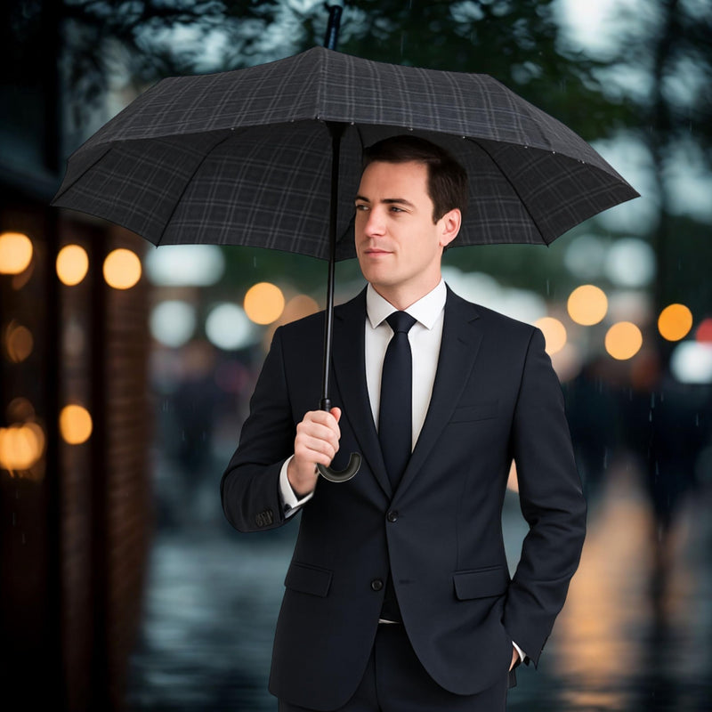Knirps T.260 Medium Automatic Open Close Rain Umbrella with Curved Handle and Carrying Case - Compact Windproof Travel Umbrellas for Adults, 97cm Diamteter Men's Check