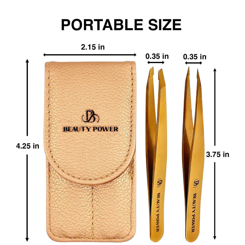 [Australia] - Professional Tweezers Set – Slant & Point, Ultra Precision German Stainless Steel Tweezers for Eyebrows, Chin, Ingrown Hair & Facial Grooming – Lightweight with Travel Case (Matte Gold) 2 / Matte Gold in Case 