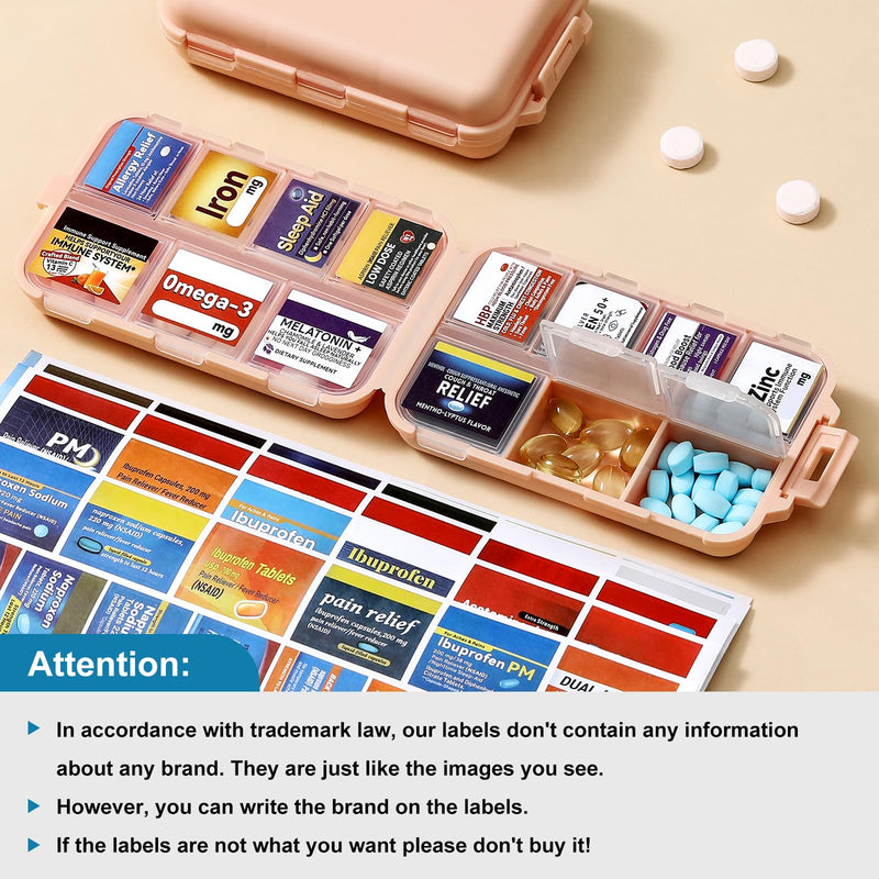3 Pack 14 Grids Travel Pill Organizer Box with 415-Pcs Medicine Name Labels - Pocket Daily Pharmacy Case Container Kit - Travel Medication Holder Dispenser for Fish Oil Vitamin, Khaki+Pink+Sky Blue Khaki+pink+blue with Bulk Med Labels