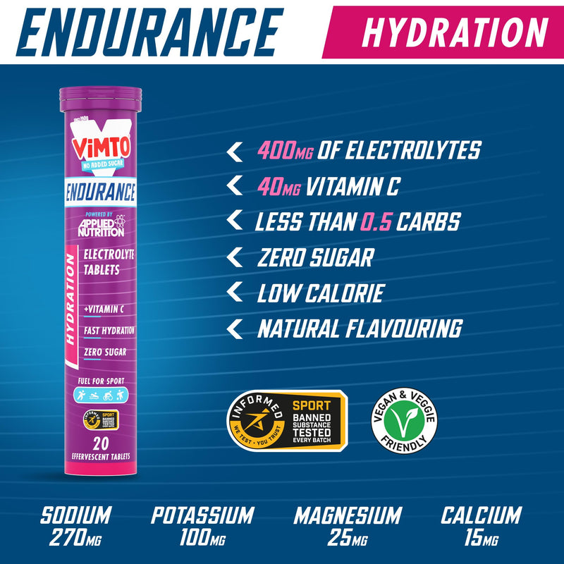 Applied Nutrition Endurance Hydration Electrolyte Tablets - 400mg Electrolytes per Serving – 120 Effervescent Tablets, Sugar Free, Low Calorie, Added Vitamin C Boost Performance – Vimto 120 count (Pack of 1)