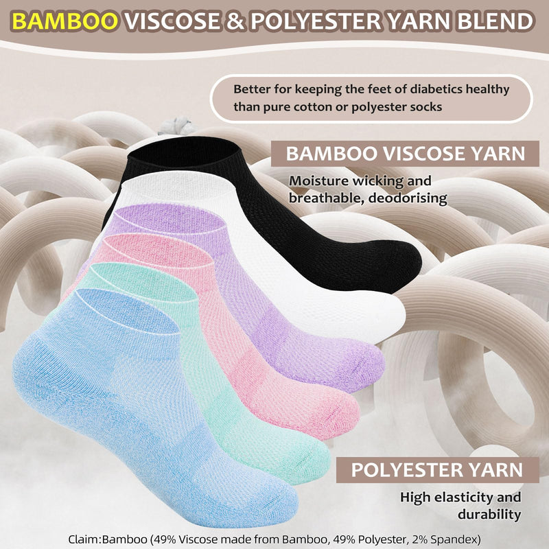 [Australia] - Diabetic Bamboo Socks for Men and Women,5 Pairs Non-Binding Low Cut Diabetic Socks,Loose Socks Size 5-13 White/Turquoise/Skyblue/Purple/Pink Medium 