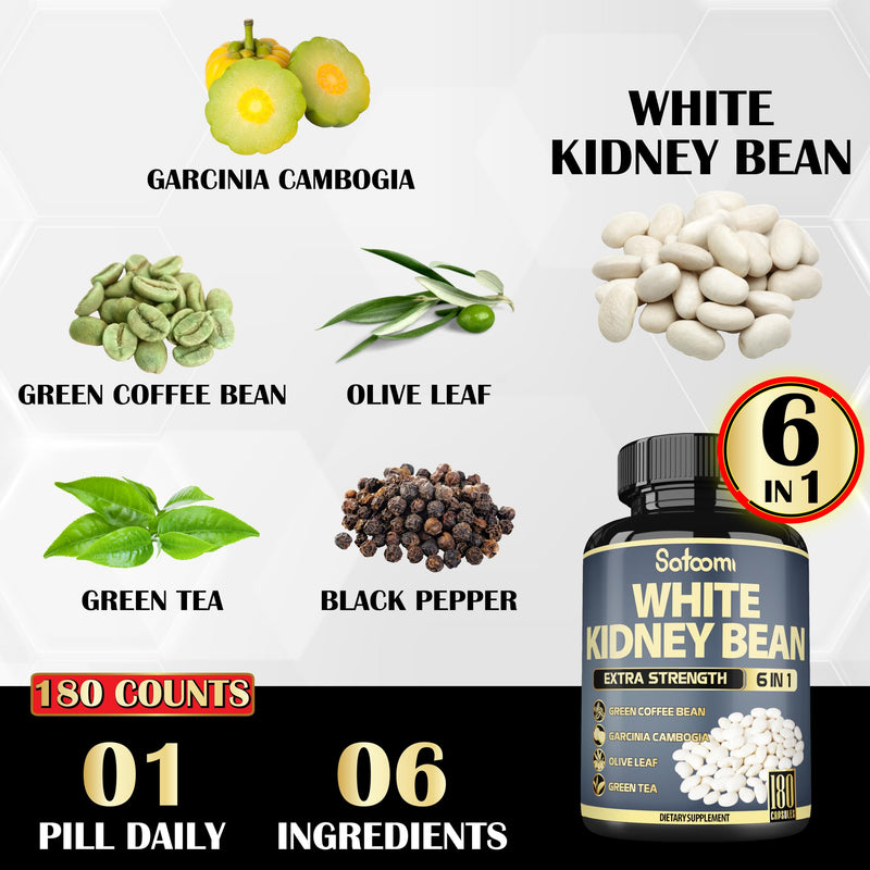 [Australia] - Satoomi 6in1 White Kidney Bean Extract Capsules - 6 Month Supply - Extra Blend with Olive Leaf, Green Coffee Bean & Green Tea - 180 Counts 