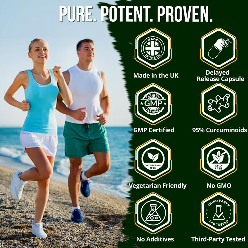 Turmeric Extract 500mg (95% Curcuminoids) + Black Pepper – 60 Delayed Release Vegan Capsules | High Strength with Piperine for Absorption | UK-Made Plant-Based Supplement