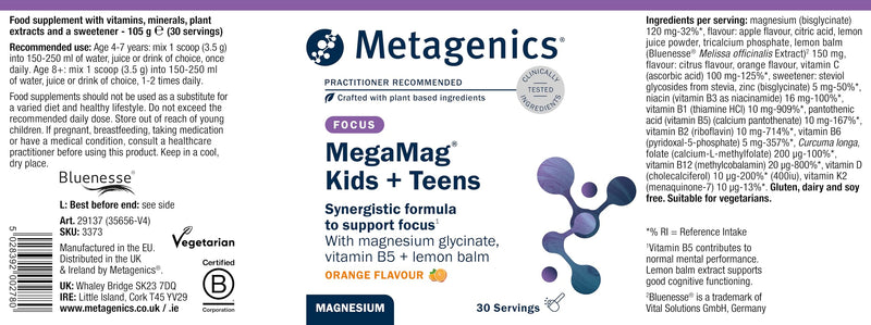 Metagenics MegaMag Kids + Teens - Magnesium & Lemon Balm Powder with B Vitamins for Focus at School - Orange, 30 Servings