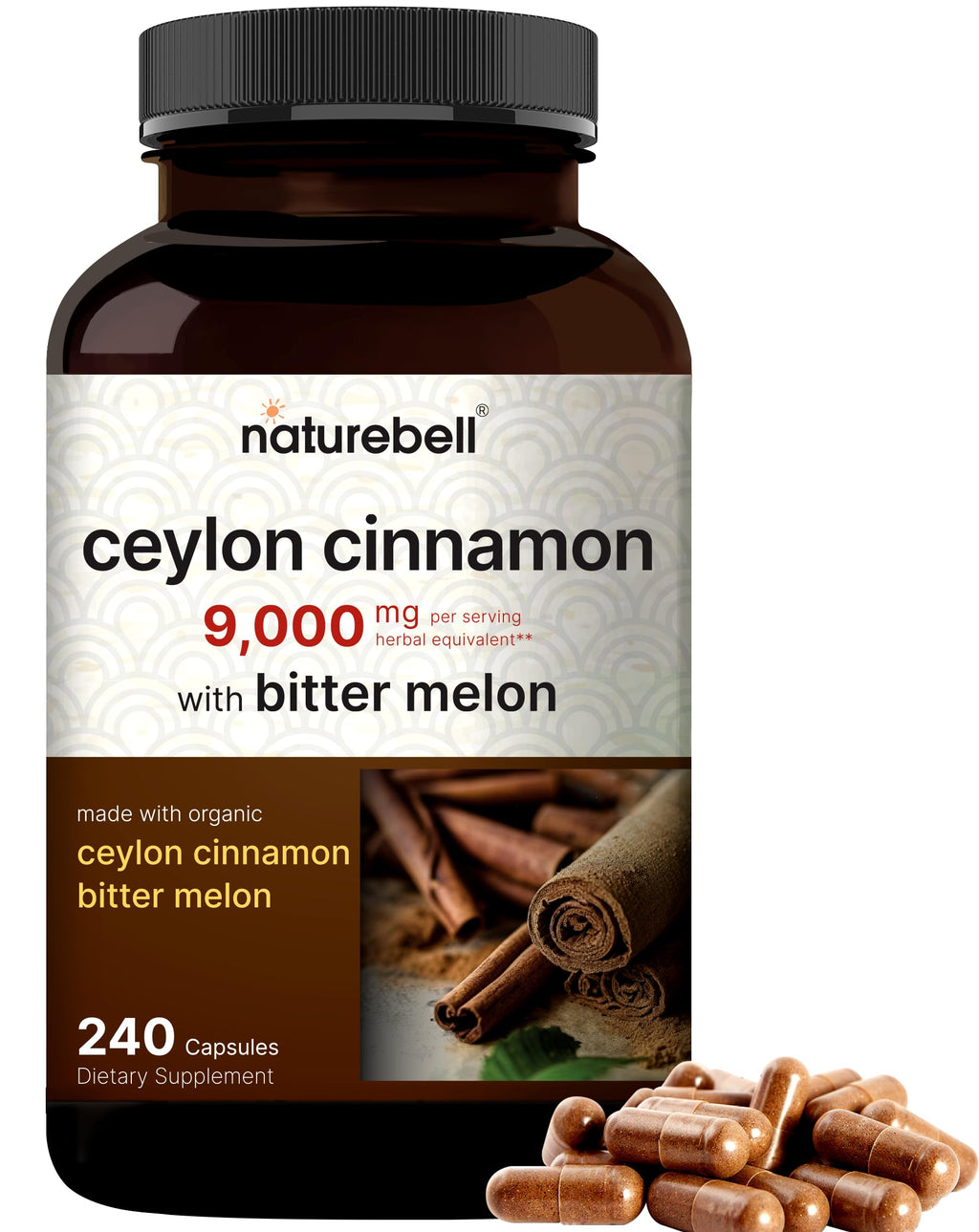 NatureBell Ceylon Cinnamon 9,000mg Per Serving, 240 Capsules | Made with Organic Sri Lanka Ceylon Cinnamon and Organic Bitter Melon, 2 in 1 Support – Non-GMO, No Gluten