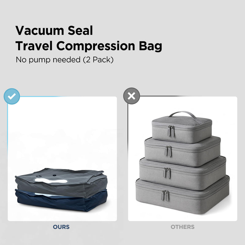 Vacuum Seal Bags for Clothing Travel - TSA Compliant Airless PacPro 48L, Carry-On Compression Packing Cubes for Luggage and Backpacks, Pump-free Air Valve (Large, Set of 2) Blue / Gray