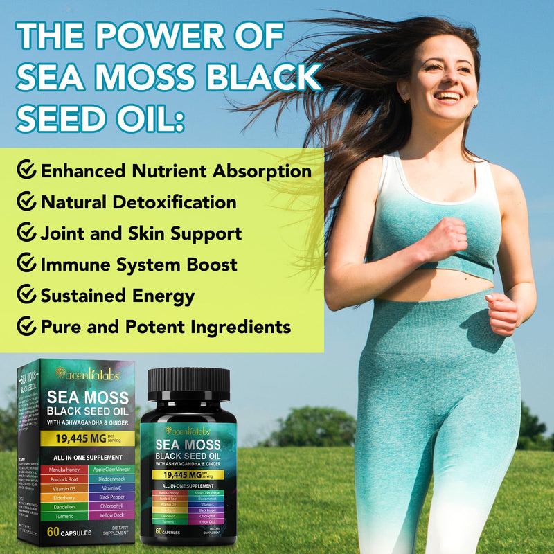 [Australia] - Sea Moss Black Seed Oil Ashwagandha Turmeric Bladderwrack Burdock Root Capsule with Chlorophyll,Elderberry,Manuka,Dandelion,Ginger,Vitamin C Vitamin D3,Immunity & Energy Support, 60 Counts 60 Count (Pack of 1) 