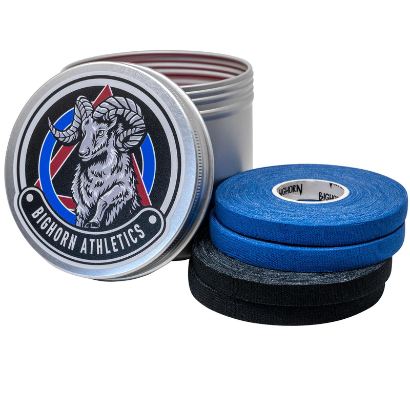 Bighorn Athletics Pro Series Jiu-Jitsu Finger Tape, 8-Rolls with Tin Holder, Enhanced Extra Strength, Residue-Free (0.3-Inch, Black) 0.3-Inch