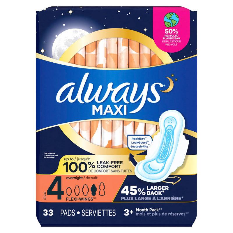 [Australia] - Always Maxi Pads Size 4 Overnight Absorbency Unscented with Wings, 33 Count Overnight (Size 4) 