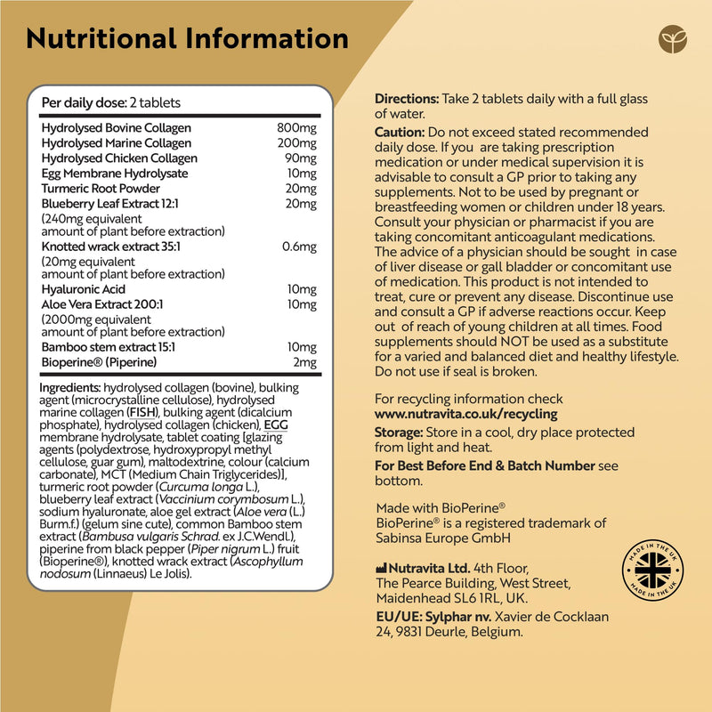 Nutravita Premium Multi Collagen Protein Tablets with Type I, II, III - Includes Hydrolysed Grass Fed Bovine Collagen, Marine Collagen, Hyaluronic Acid, Turmeric - 90 Tablets - Made in The UK