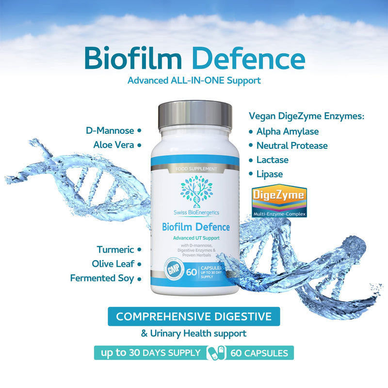 Biofilm Defence 60 Capsules - D-Mannose and a Comprehensive Blend of Enzymes for Advanced Digestive & Urinary Tract Support - UK Made