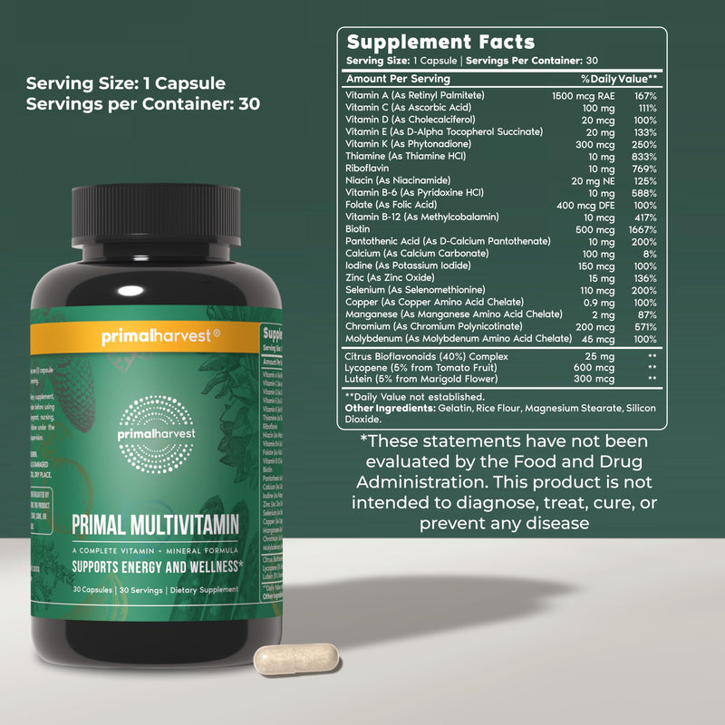 Primal Harvest Multivitamin - Daily Supplement, Gluten & Soy Free 30 Count (Pack of 1)