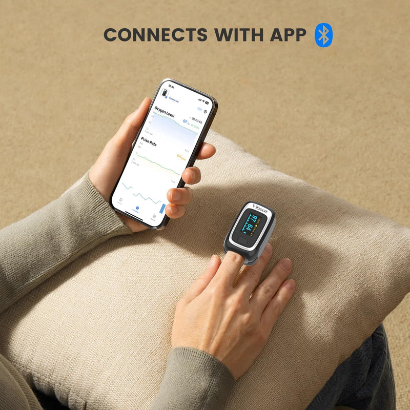 [Australia] - Bluetooth Fingertip Pulse Oximeter, Vibeat SPO2 Monitor with Vihealth APP, Portable Finger Oxygen Sensor with Pulse Rate, Batteries and Lanyard Included, Black 
