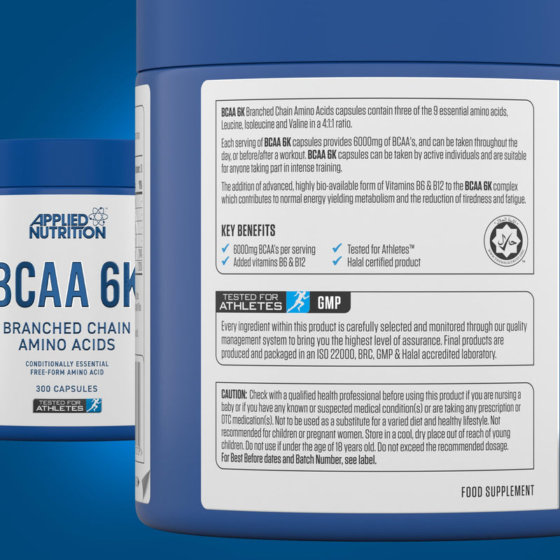 Applied Nutrition BCAA 6K (4:1:1) – 6000mg Branched Chain Amino Acids per Serving - Leucine, Isoleucine & Valine, for Endurance, Performance & Recovery 300 Vegan Capsules (30 Servings)