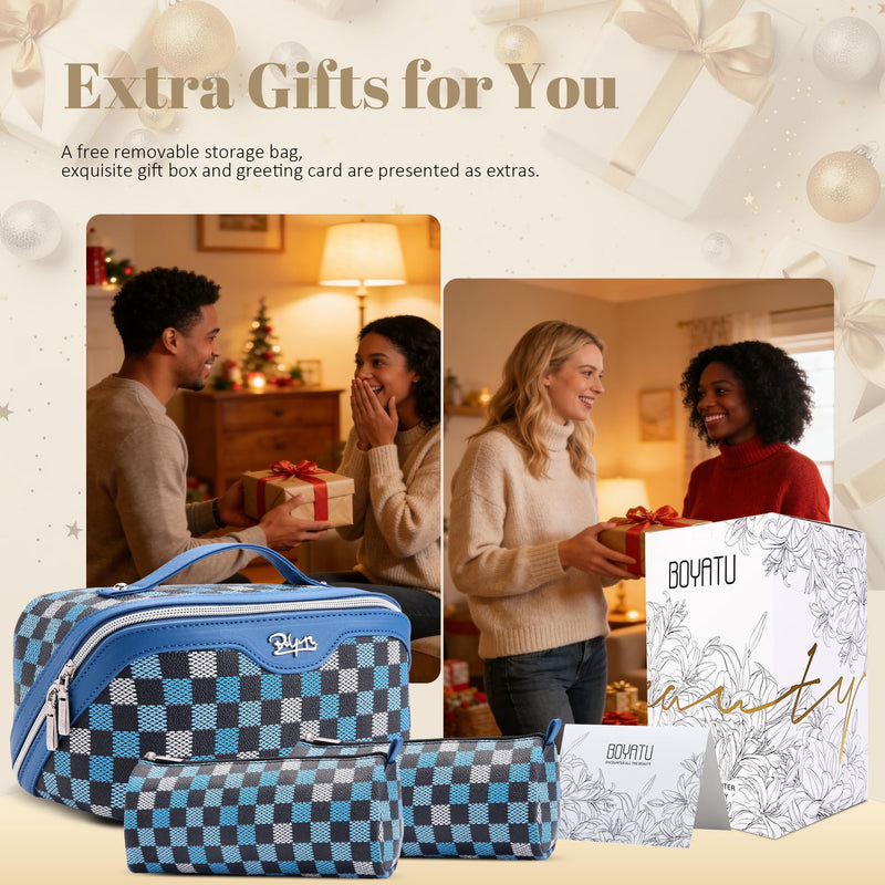 BOYATU Travel Makeup Bag Organizer Cosmetic Bag: 3 Pcs Set Make up Bags for Women with Handle - Waterproof Vegan Leather Toiletry Bag (01-H-Blue) 07-A-Blue