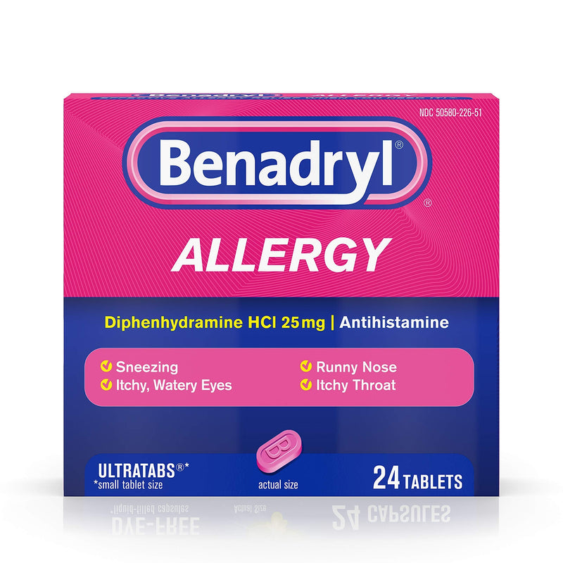 Benadryl Ultratabs Antihistamine Allergy Relief with Diphenhydramine HCl, 24 Count Allergy Tablets