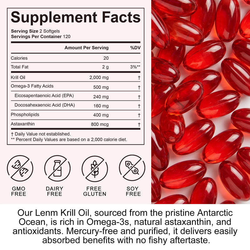 240 Softgels, Antarctic Krill Oil Capsules 2000mg, High Strength Blend with Omega-3 EPA DHA, Phospholipids & Astaxanthin for Heart & Joint Health Support, Easy to Swallow