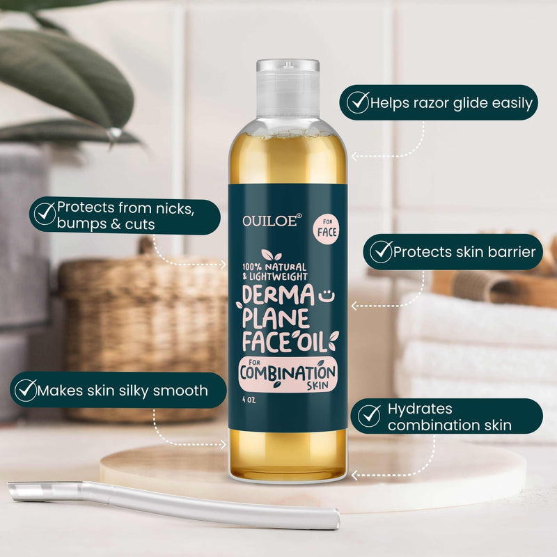 [Australia] - Dermaplane Oil, Face Shaving Oil for Women with Combination Skin - Lightweight & Natural Facial Shave Oil - Use with a Dermaplaning Tool, Razor, Shaver or Microblade for Close Shave 4 oz by Ouiloe For Combination Skin 4 Fl Oz (Pack of 1) 