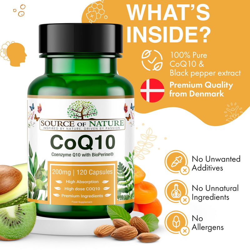Source of Nature® Coenzyme Q10 200mg - 120 Vegan Capsules (4-Month Supply) | Naturally Fermented Bioidentical Ubiquinone | High Strength & 99% Pure | with BioPerine® Black Pepper Extract