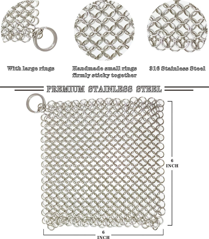 [Australia] - Cast Iron Scrubber 6 Inch Stainless Steel Scrubber Cast Iron Cleaner Household Chain Scrubber for Cast Iron Pans, Skillet, Wok, Pot, Dutch Ovens Chainmail Scrubber 6x6 Inch (Pack of 1) 