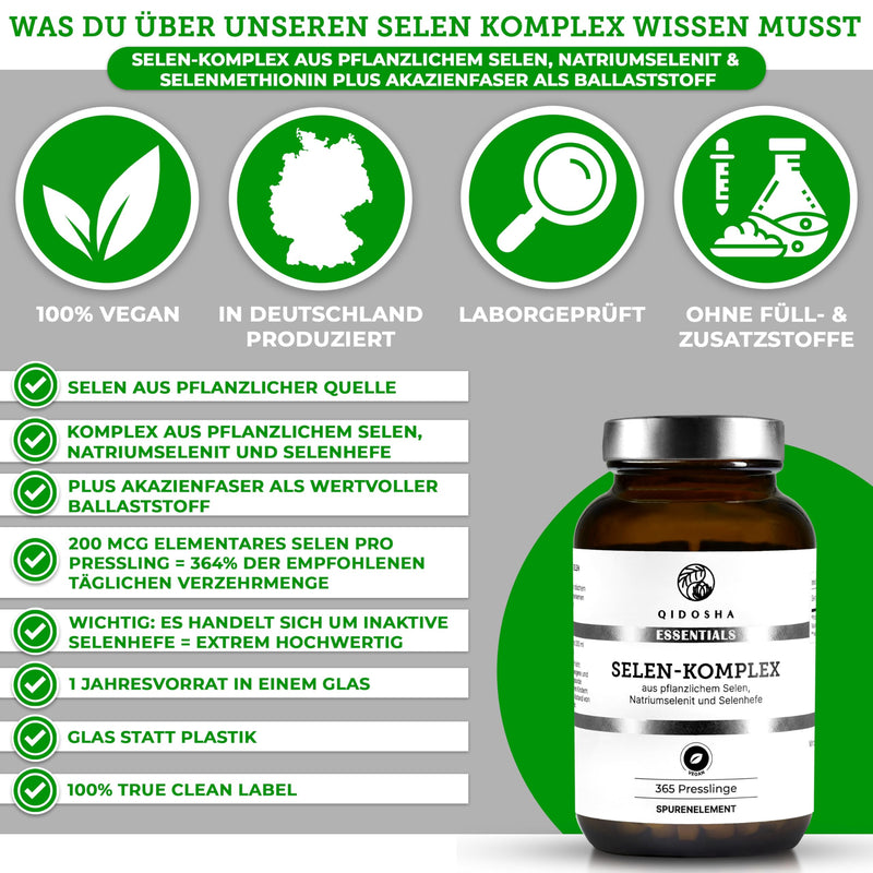 [Australia] - QIDOSHA® Selenium complex, 365 tablets with 200µg selenium each, complex made from plant-based selenium, sodium selenite and selenomethionine, vegan, German production, each batch laboratory tested, high-dose selenium 