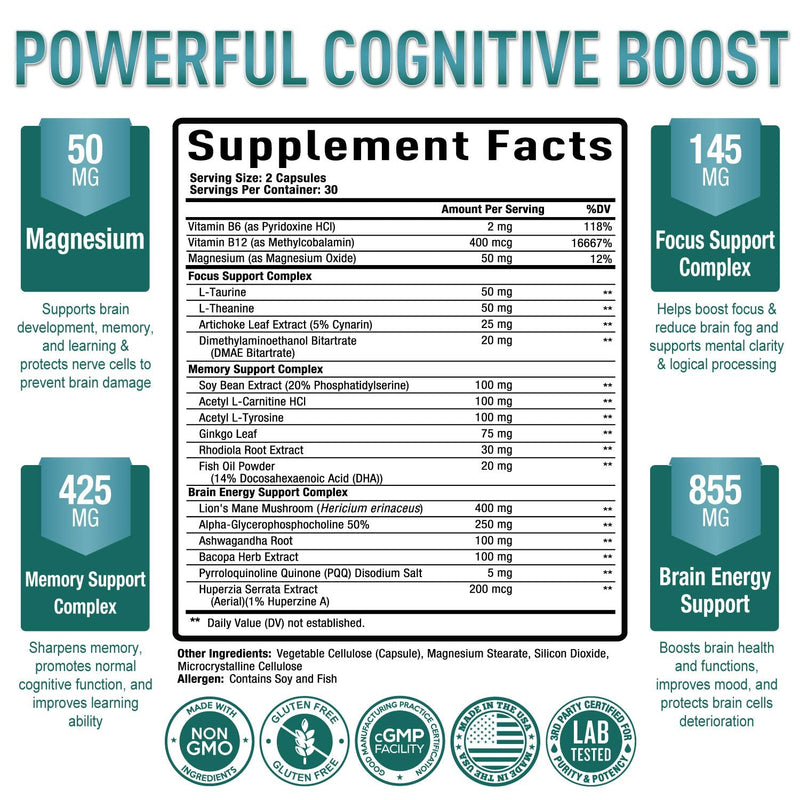[Australia] - Premium Brain Supplement - Nootropic Brain Booster for Focus, Clarity, Improved Memory, Concentration & Better Mood - w/ Alpha-GPC, Lion’s Mane, Ginkgo Biloba & Bacopa Monnieri - 60 Caps 