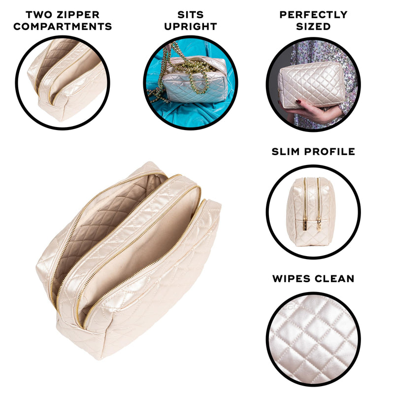 SCOUT 2-Way Toiletry Bag, Two Zipper Compartments, Fits Travel Size Items Upright Champagne Quilted