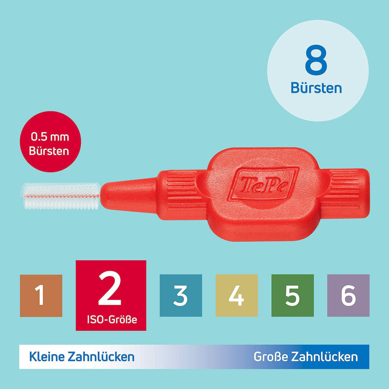[Australia] - TePe interdental brushes Extra Soft Red (ISO size 2: 0.5 mm) / For particularly gentle and efficient cleaning of the spaces between teeth / 1 x 8 interdental brushes 