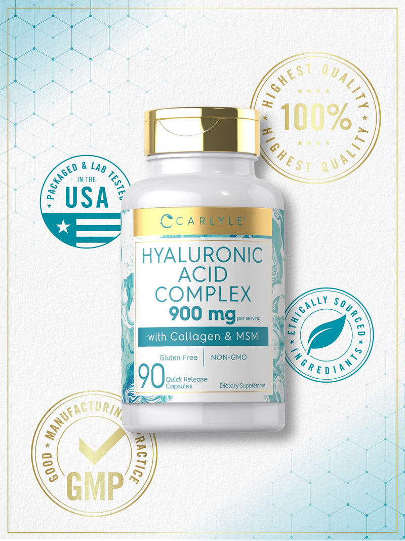 Carlyle Hyaluronic Acid with Collagen 900mg | 90 Capsules | with MSM | Hydrolyzed Collagen Complex | Non-GMO, Gluten Free Supplement