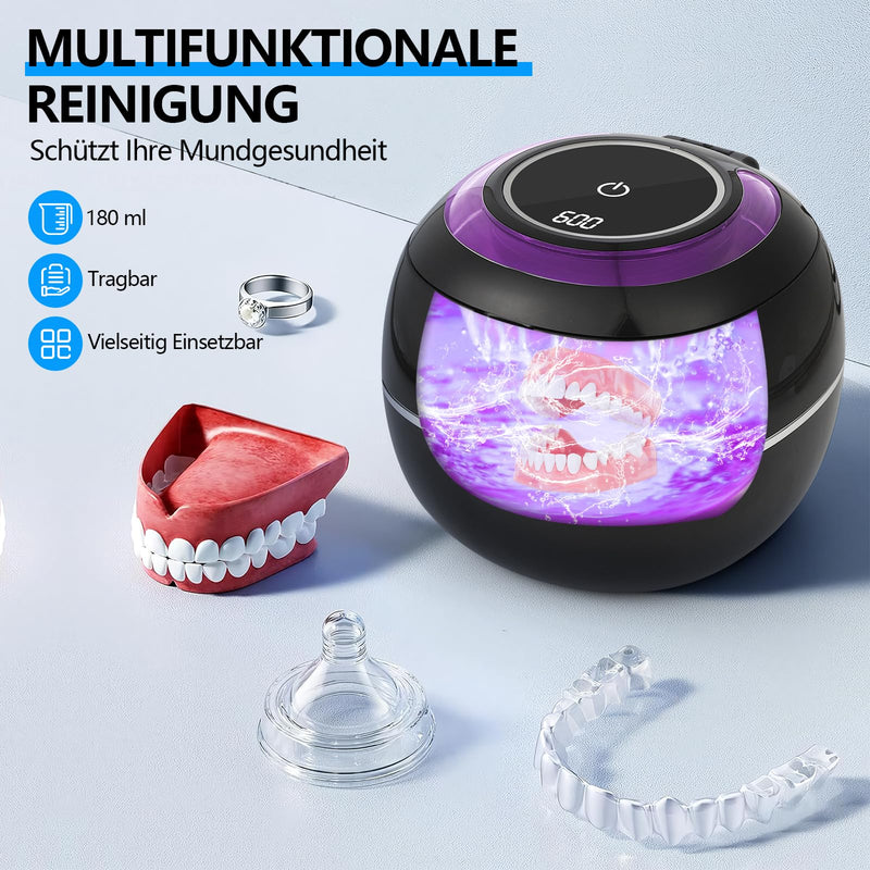 [Australia] - Ultrasonic Cleaner for Dentures, 42000HZ 180ml Ultrasonic UV Cleaner, 30W Ultrasonic Cleaner for Dentures, Aligners, Retainers and Mouth Guards (Black) Black 