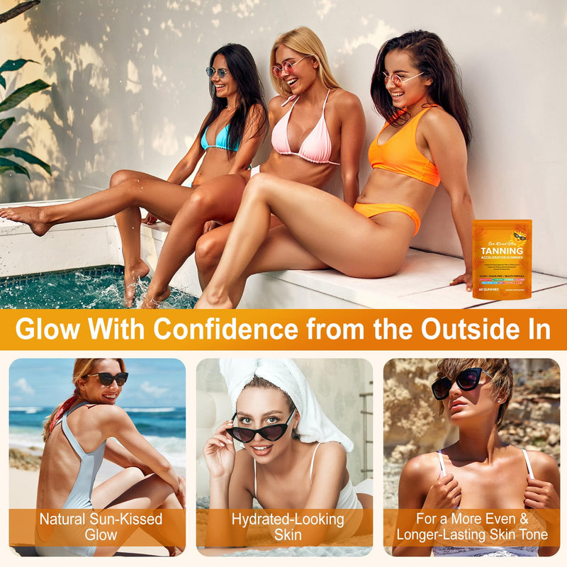 Tanning Gummies with Astaxanthin - Advanced Formula with L-Tyrosine, Beta-Carotene & Vitamins for a Sun-Kissed Glow*- Vegan, Watermelon Flavour, Sugar-Free - 60 Gummies (1-2 Month Supply)