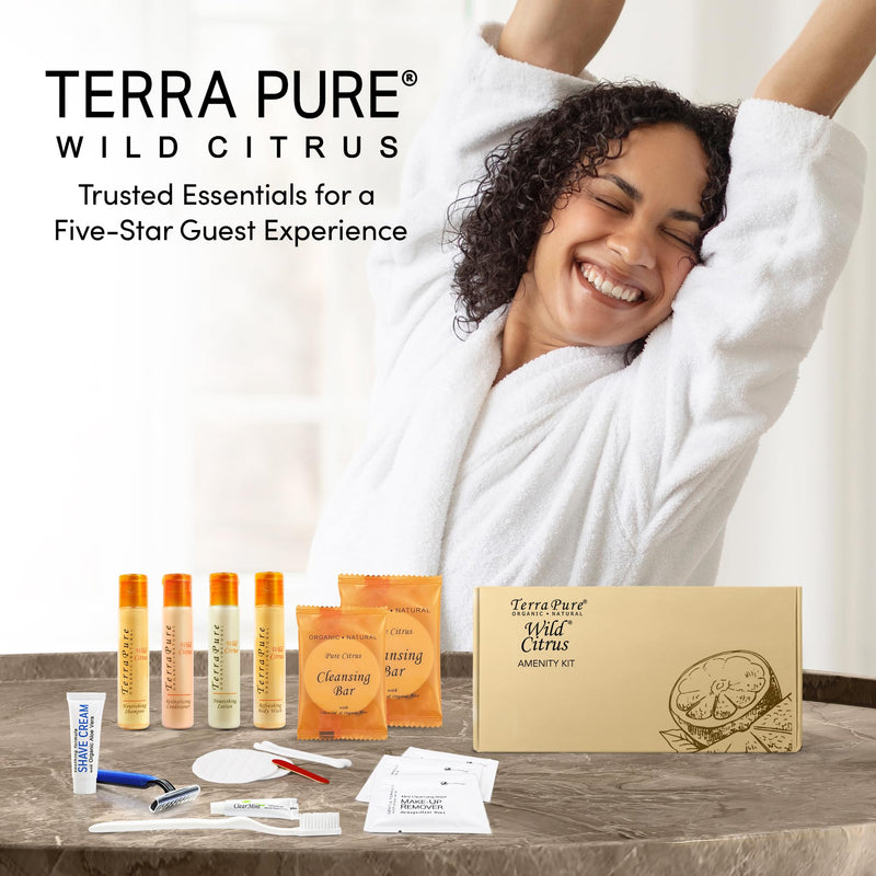 Terra Pure Amenity & Accessory Kit |1 oz Travel Size Shampoo, Conditioner, Lotion, Body Wash, 2 Cleansing Bars, Shave & Dental Sets, Make-Up Remover Wipes, & Vanity Kit | 1 set per case