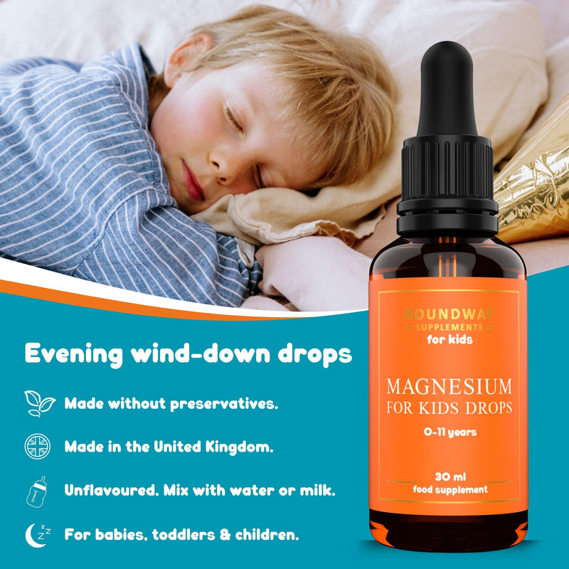 Magnesium for Kids Drops | Supports Sleep & Relaxation, Helps Calm & Focus, Ionic Liquid Supplement for 0-11 Years | Unflavoured, Mix with Water or Milk by Roundway Supplements | Long Supply