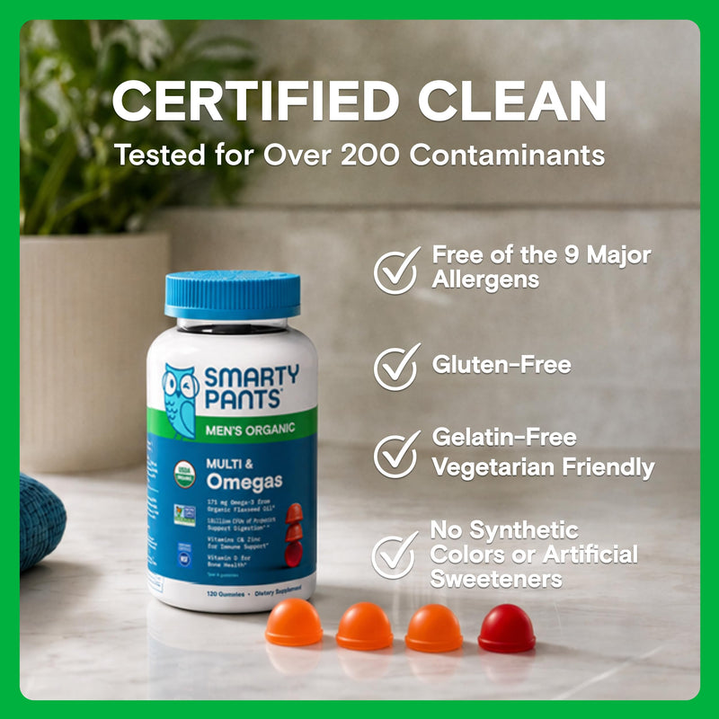 SmartyPants Multivitamin for Men, Organic Gummies: Methylfolate, Omega 3 (ALA), Vitamin D3, C, Vitamin B12, B6, A, K & Zinc for Immune Support, Biotin, Vegetarian, 120 Gummies (30 Day Supply) Organic + Omega