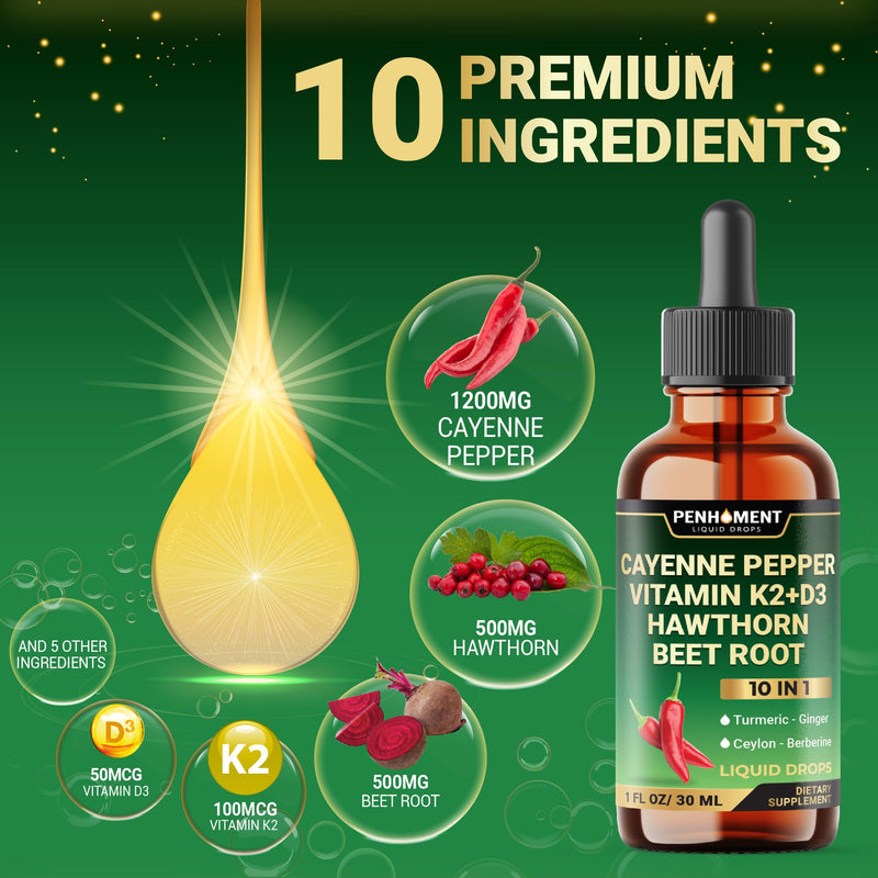 10in1 2700mg Cayenne Pepper Liquid Drops + Hawthorn Berry, Vitamin D3 K2 Beet Root Turmeric Ginger and More - Digestion Support - 1 Fl Oz - 2 Months Supply 1 Fl Oz (Pack of 1)